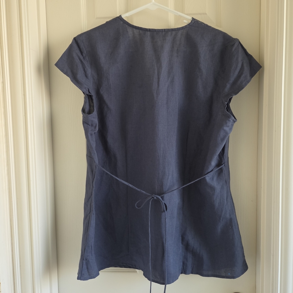 Cato Navy Blue Linen Blend Embroidered V-Neck Tunic Top Empire Waist Size 14/16W - Picture 7 of 7